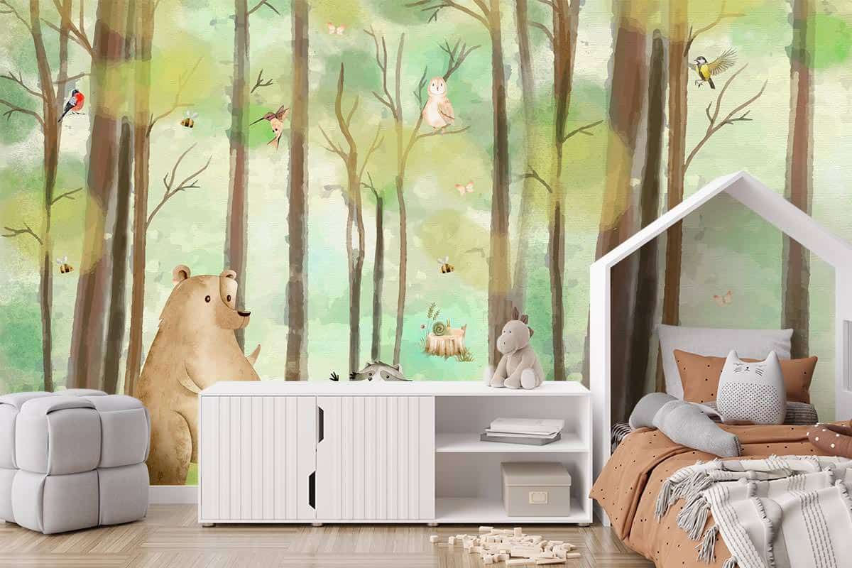 Behang-kinderkamer-Bosdieren-op-een-zonnige-dag-Johnnywallpaper