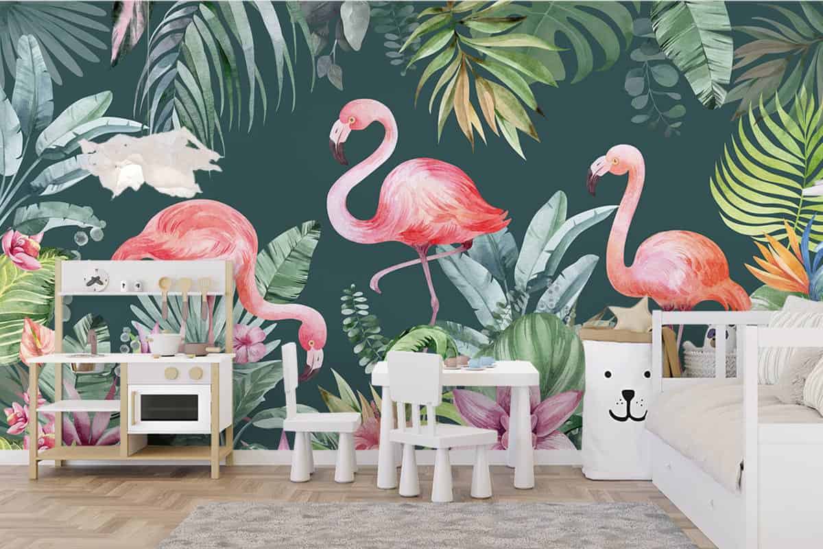 Fotobehang kinderkamer op maat - Flamingo's in de tropen - Multi color