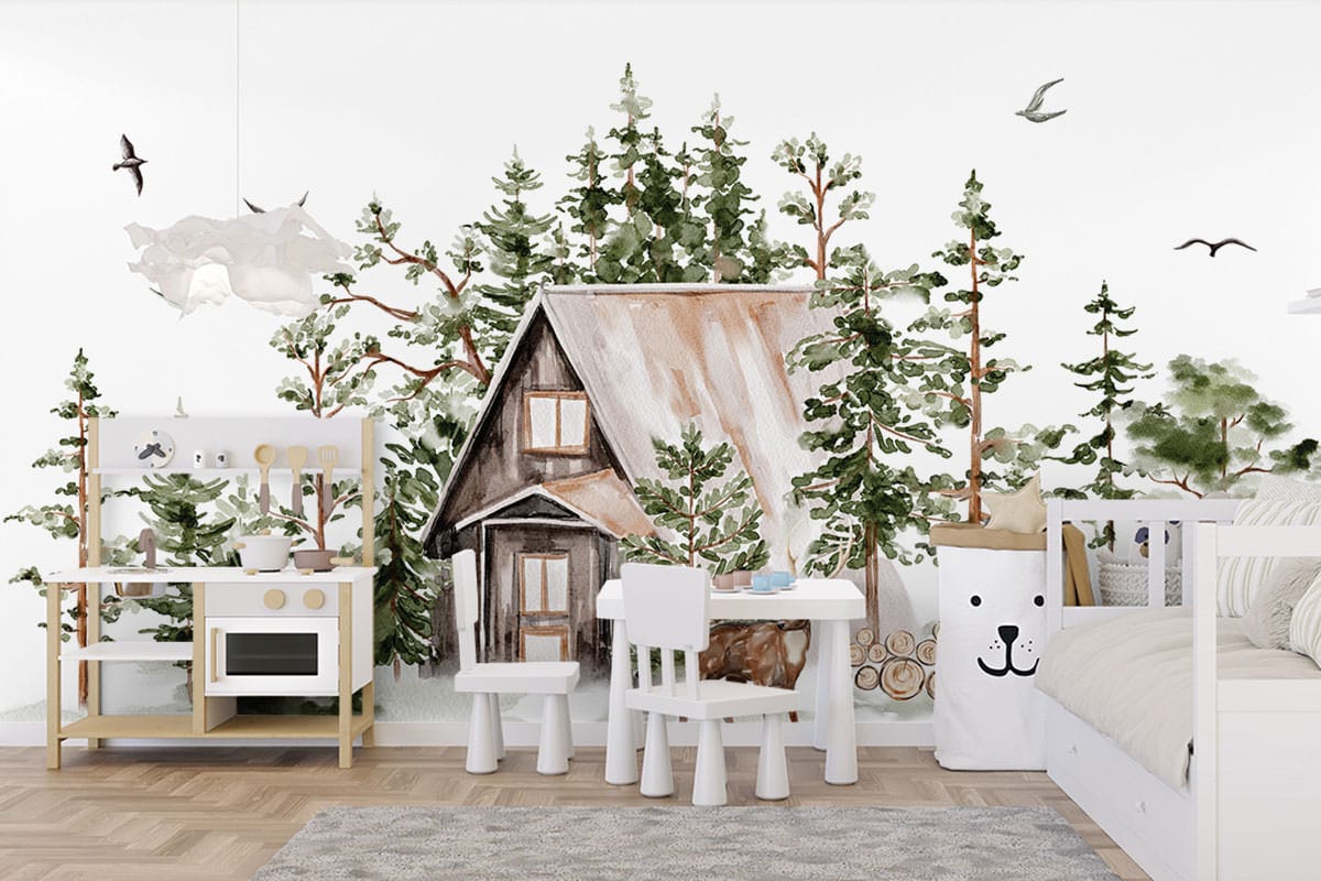 Fotobehang kinderkamer op maat - Huisje in het bos - Multi color