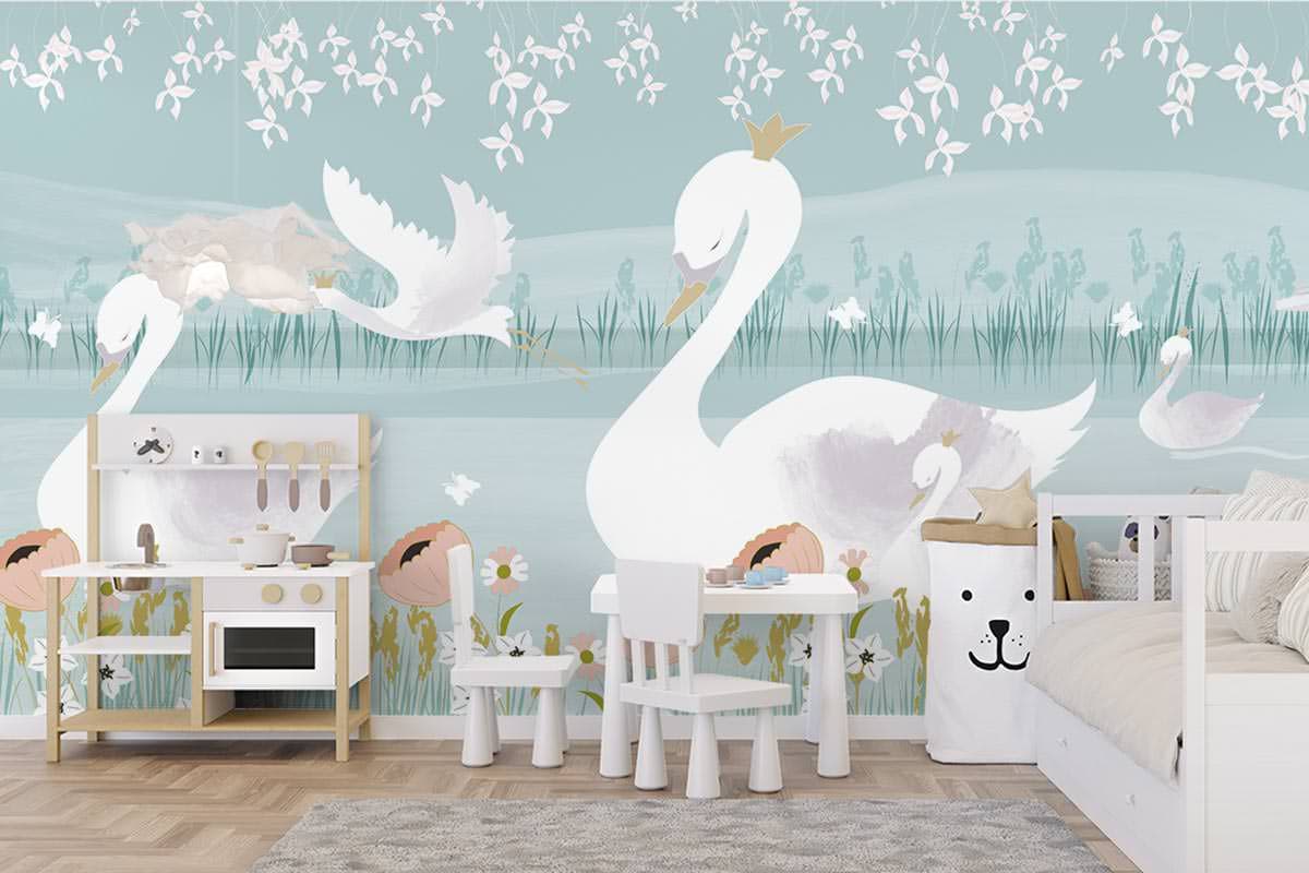 Fotobehang kinderkamer op maat - Sierlijke zwanen - Multi color