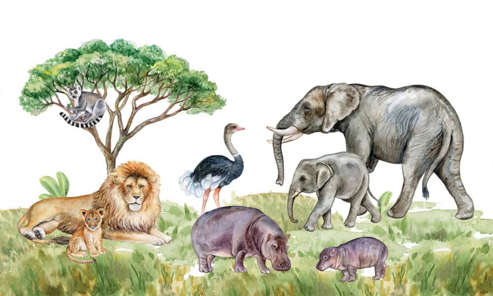 Kinderbehang met dieren op de savanne in natuurlijke tinten