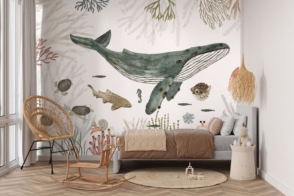 Behang met walvis tussen kleurrijk koraal