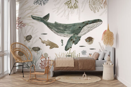 Behang met walvis tussen kleurrijk koraal