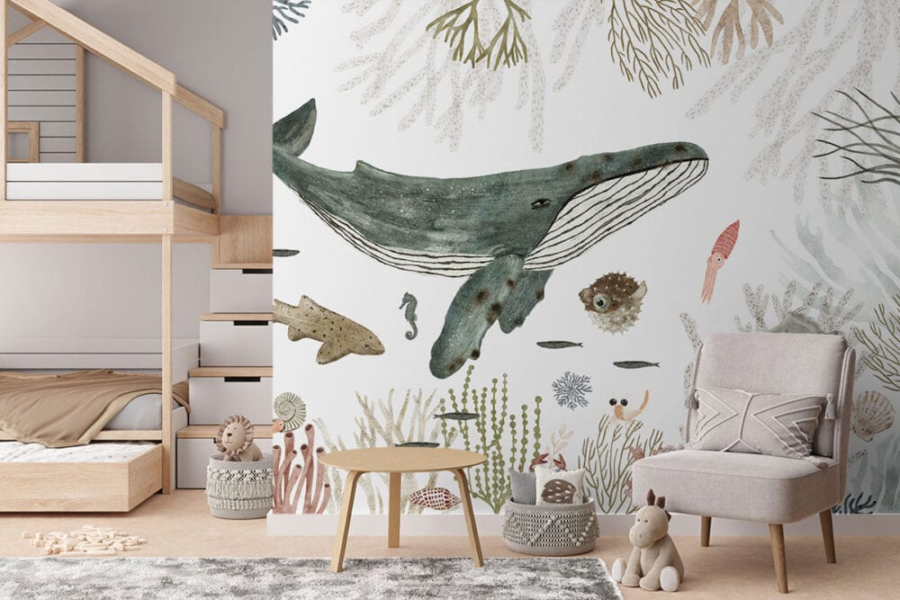 Walvis tussen kleurrijk koraal op fotobehang