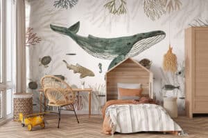Walvis zwemt tussen koraal op fotobehang