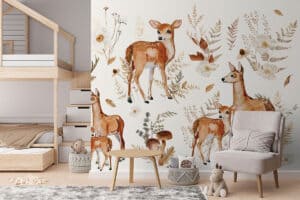 Behang met hertengezin in herfstbos
