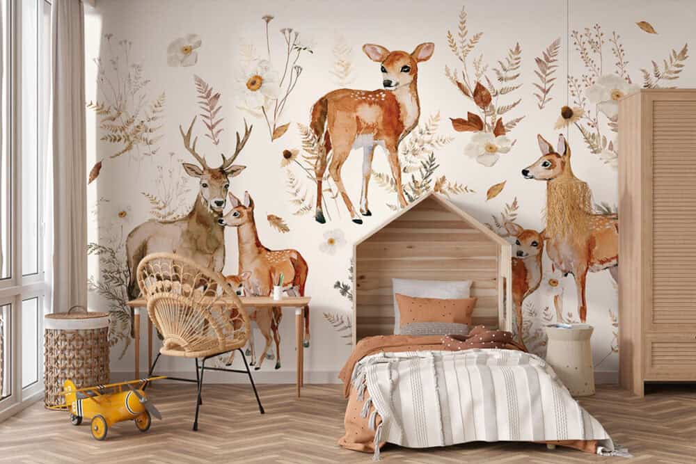 Hertengezin in het herfstbos op kinderbehang