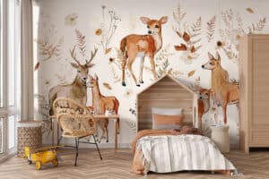 Hertengezin in het herfstbos op kinderbehang