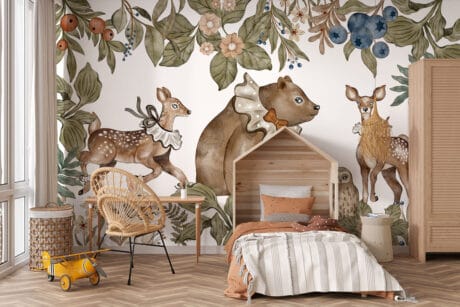 Behang met bosdieren met schattige strikjes