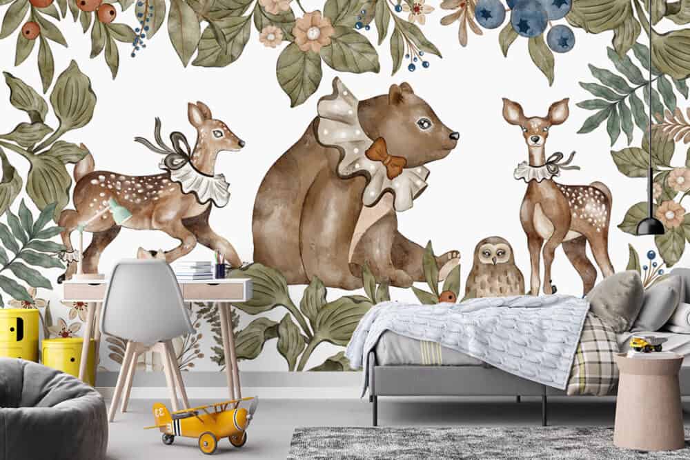 Bosdieren met strikjes op kinderkamerbehang