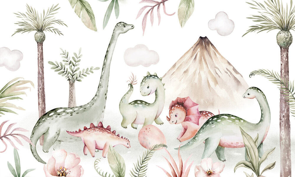 Dino’s bij de vulkaan op kinderkamer muurdecoratie