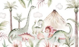 Dino’s bij de vulkaan op kinderkamer muurdecoratie