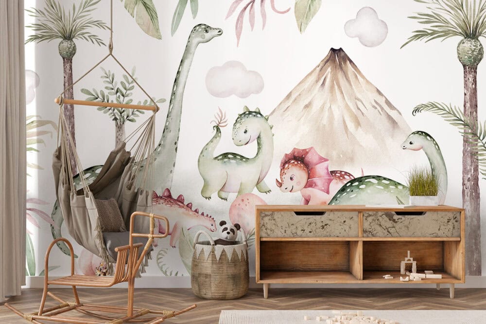 Dino’s bij de vulkaan jungle behang
