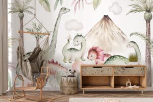 Dino’s bij de vulkaan jungle behang