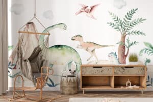 Dino avontuur tussen bergen op behang