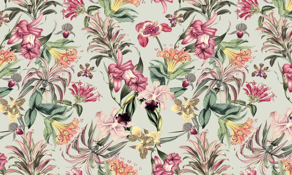 Tropische bloemen op groene achtergrond fotobehang