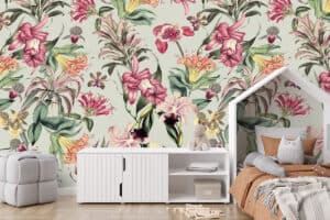 Tropische bloemen op grijsgroene muurdecoratie