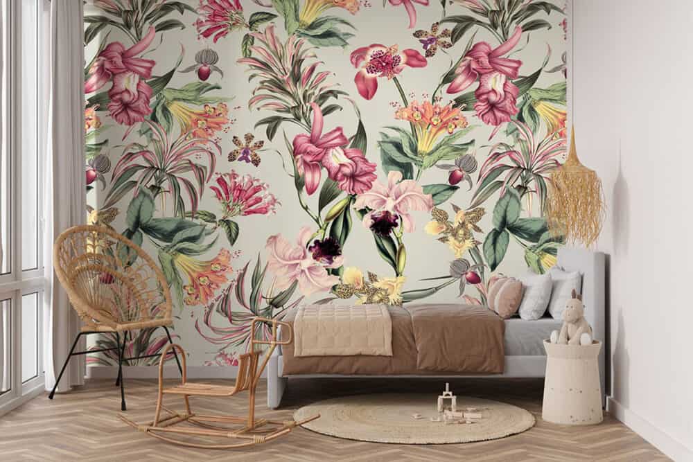 Tropische bloemen grijsgroen fotobehang