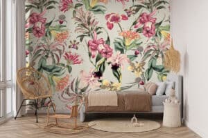 Tropische bloemen grijsgroen fotobehang