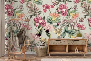 Tropische bloemen op grijsgroene achtergrond als behang