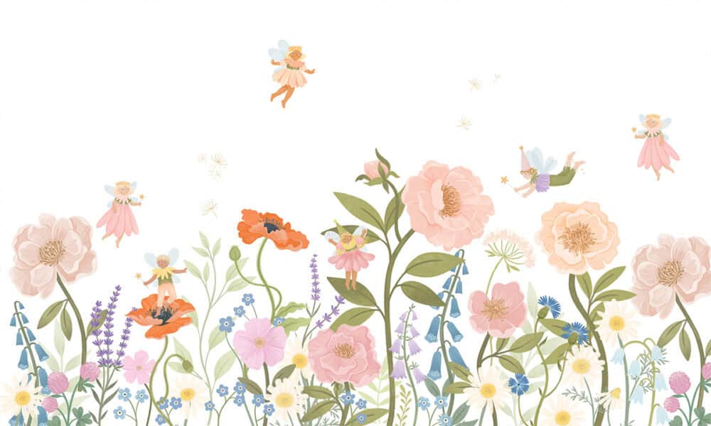 Bloemenelfjes tussen bloemen en planten op fotobehang