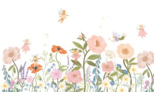 Bloemenelfjes tussen bloemen en planten op fotobehang
