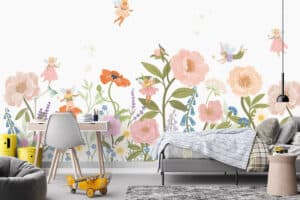 Bloemenelfjes dansen tussen planten op behang