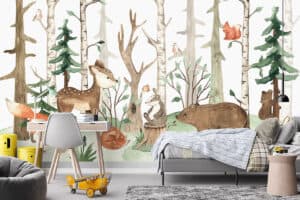 Bosdieren bij zonsopkomst op kinderbehang