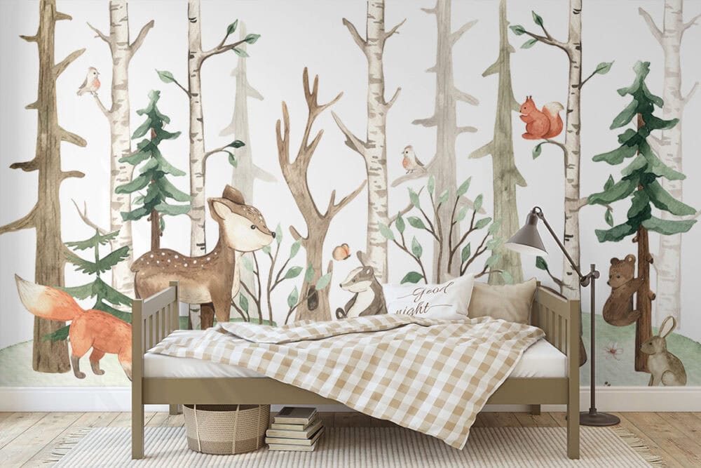 Bosdieren bij zonsopkomst mural