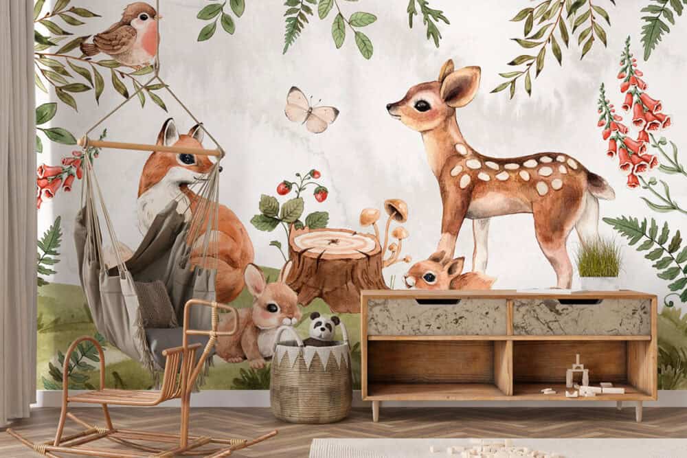 Kleine vriendjes tussen bomen fotobehang