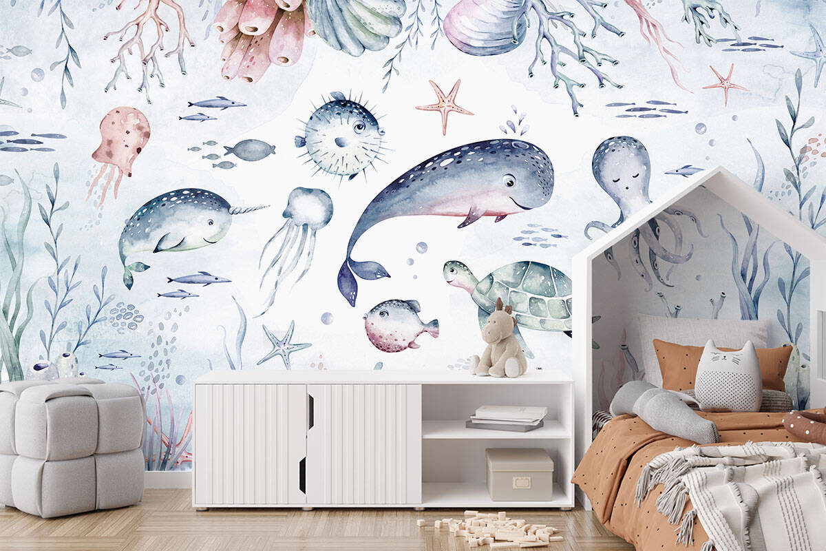 Behang met dierenleven in de oceaan