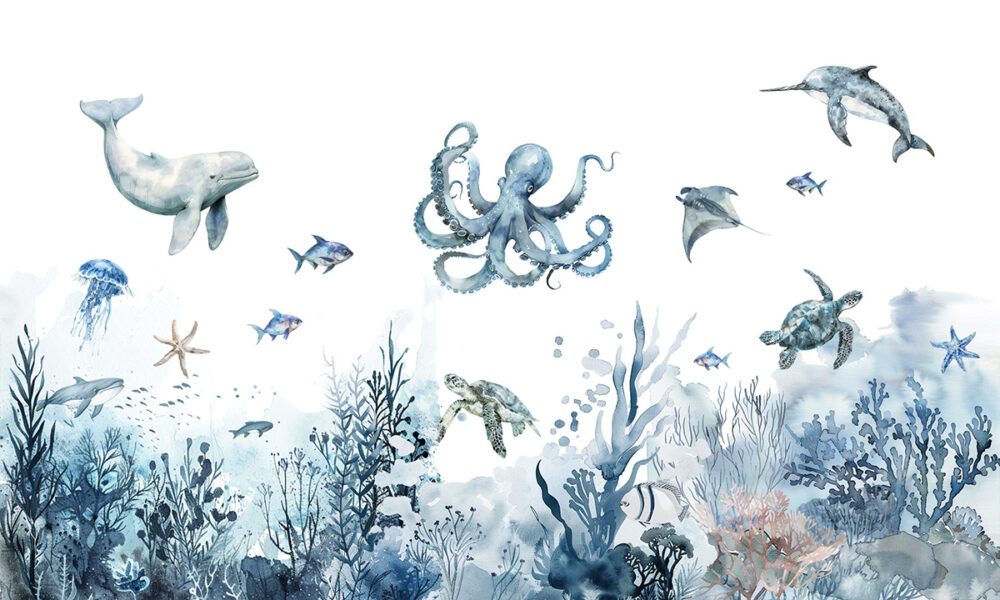 Onder de blauwe zee met vissen op behang