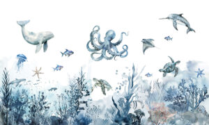 Onder de blauwe zee met vissen op behang