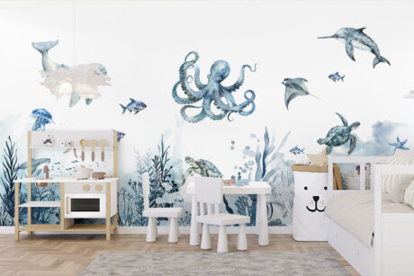 Behang met dieren onder de blauwe zee
