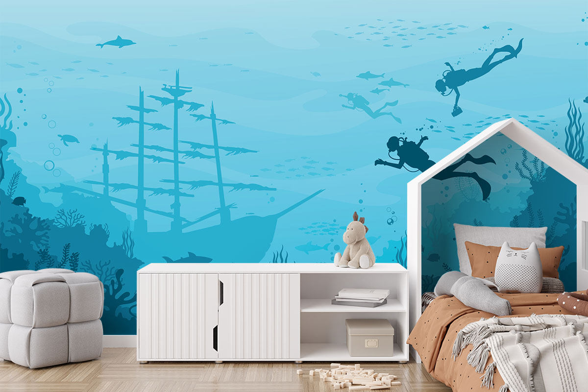Behang met scheepswrak onder water