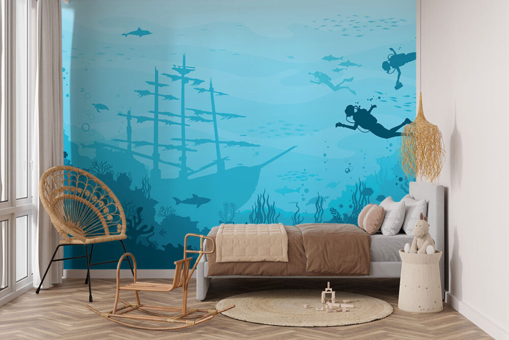 Scheepswrak onder water op kinderkamerbehang