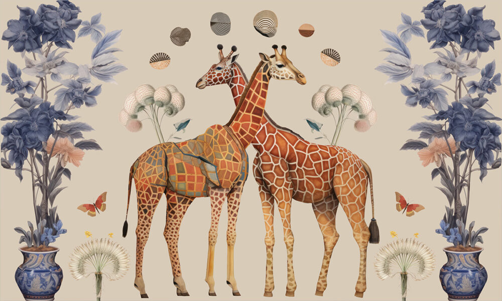 Giraffen kunst in neutrale kleuren op behang