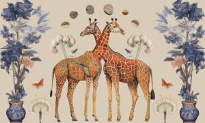 Giraffen kunst in neutrale kleuren op behang