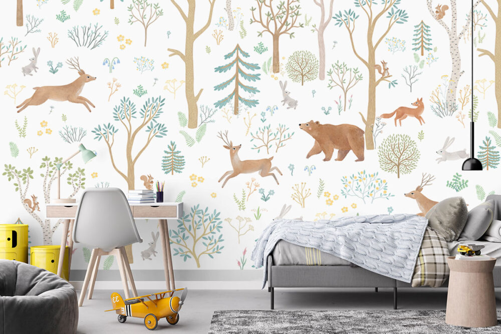 Sprookjesachtig boslandschap op kinderkamerbehang