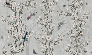 Behang met bloesemtakken en vogels in oosterse stijl
