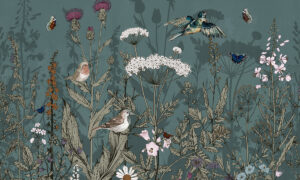 Fotobehang met veldbloemen en vlinders