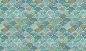 Behang met zeegroen schubbenpatroon en gouden glans