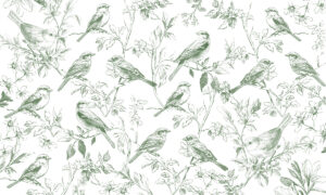 Behang met vogels tussen bloesemtakken