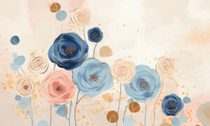 Behang met blauwe bloemen en gouden details
