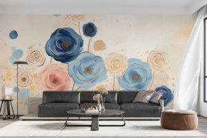 Grafisch bloemenmotief in blauw en goud