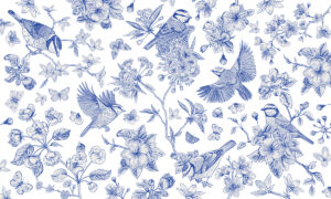 Behang met Delftsblauwe vogels en bloesem