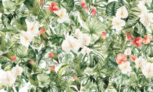 Behang met tropisch paradijs vol bloemen en vogels