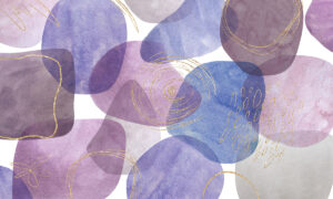 Behang met paarse aquarel vormen en gouden accenten