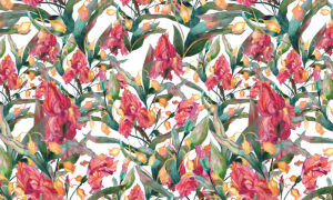 Behang met rode paradijsbloemen en groene bladeren