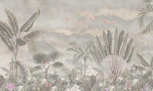 Behang met flamingo’s in tropisch panorama